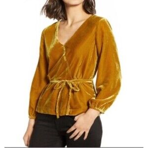 J Crew Velvet Tie Wrap Blouse Top Mustard Color Womens Size 0P Blouse‎ Yellow